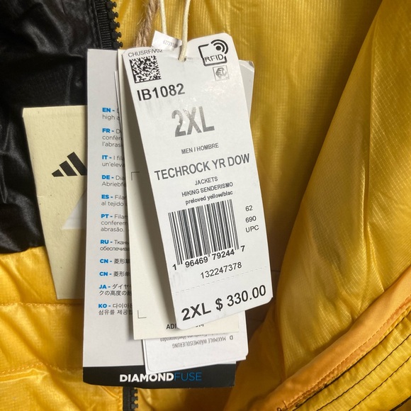 New! Adidas Originals Terrex Techrock Down Hooded Jacket Mens M 2XL Yellow Black - Picture 4 of 8